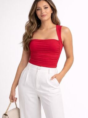 Rolla Coster Square Neck Crop Top Women Size L Red Sleeveless Ruched Front Stret